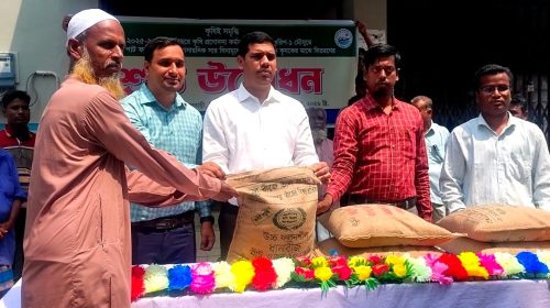 ফুলবাড়ীতে ক্ষুদ্র ও প্রান্তিক কৃষকদের মাঝ বিনামূল্যে সার ও বীজ বিতরণ